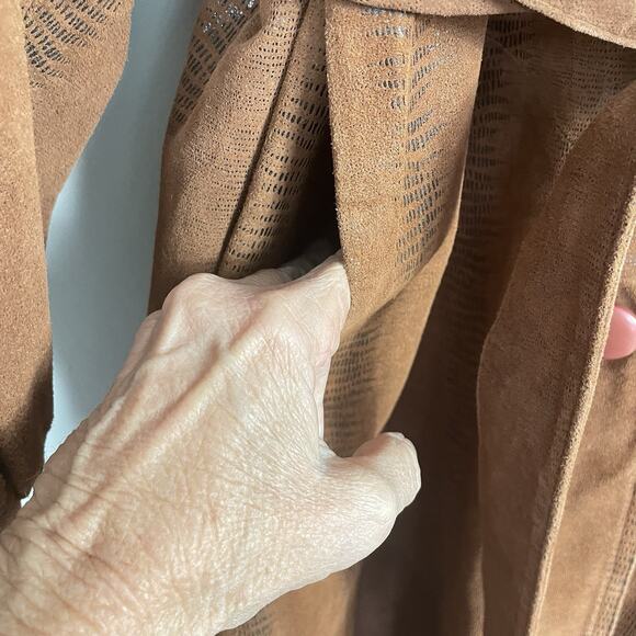 Vtg 70s Suede Trench Coat w/ Genuine Fox Fur Collar Women’s L Brown Aspen Chic - Picture 9 of 16